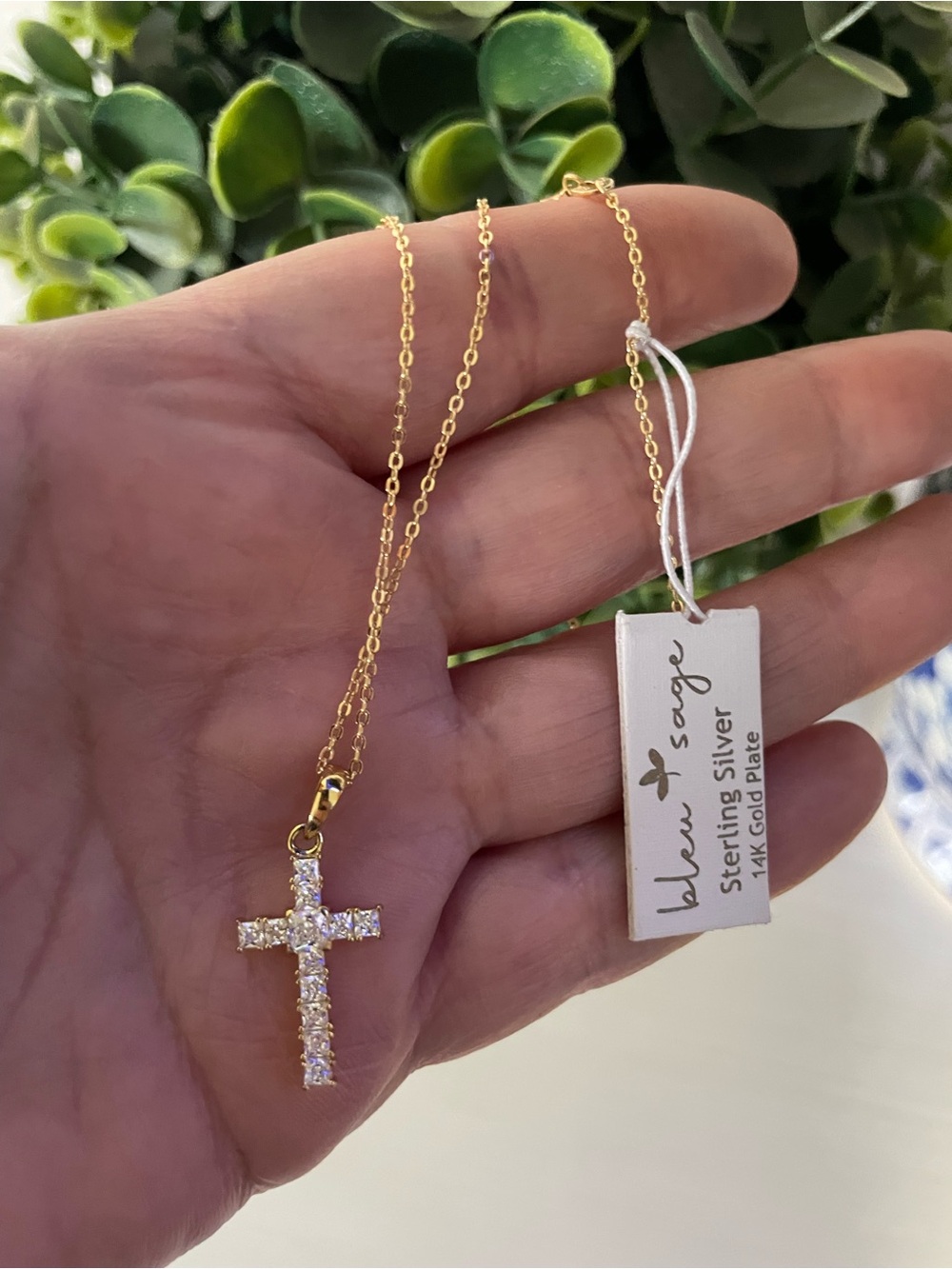 New Bleu Sage 14K Gold plated Sterling Silver 925 Cross Pendant Necklace 16”-18”